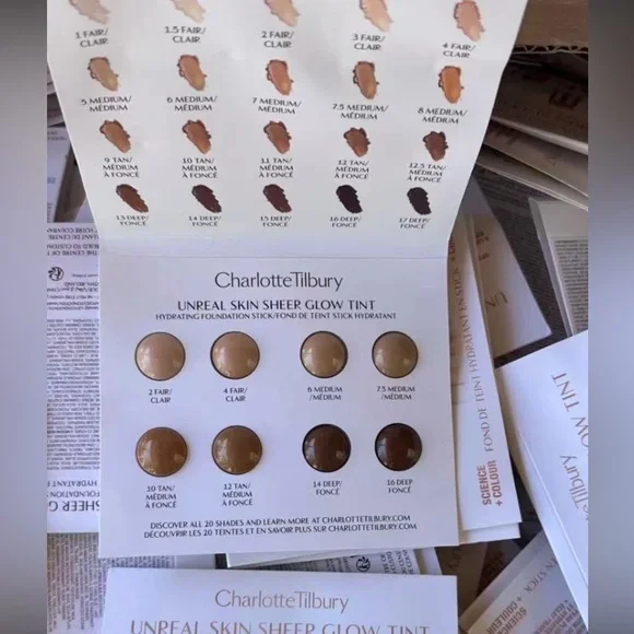 🔅5/$20  2- CHARLOTTE TILBURY “UNREAL SKIN” : SHEER GLOW TINT STICK 8 COLOR CARD - Picture 2 of 3